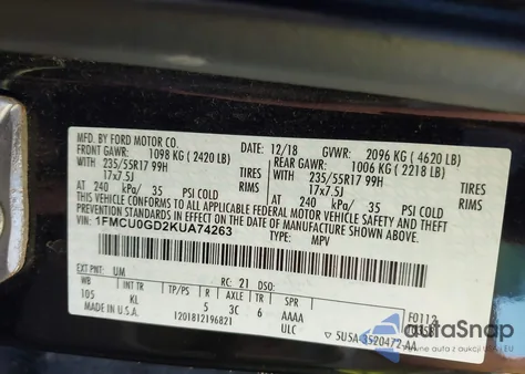 2019 Ford Escape Se from USA, damaged, VIN 1FMCU0GD2KUA74263